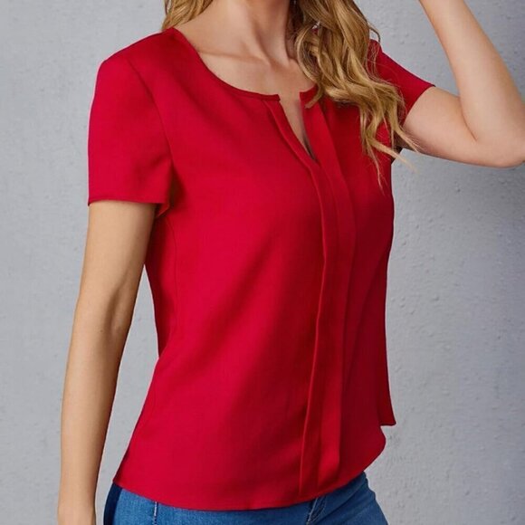 COZYEASE Women's Fold Pleated Notch V Neck Blouses Casual Short Sleeve Shirt Top - Picture 4 of 6